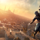A cloaked man hangs precariously from a tower by one hand, a massive city stretching out beneath him.